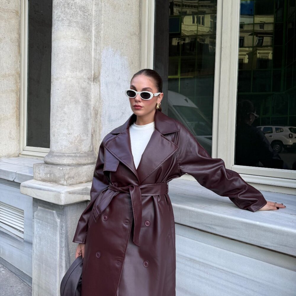 Burgundy Plato Faux Leather Buckle Trench Coat - Picture 2 of 11